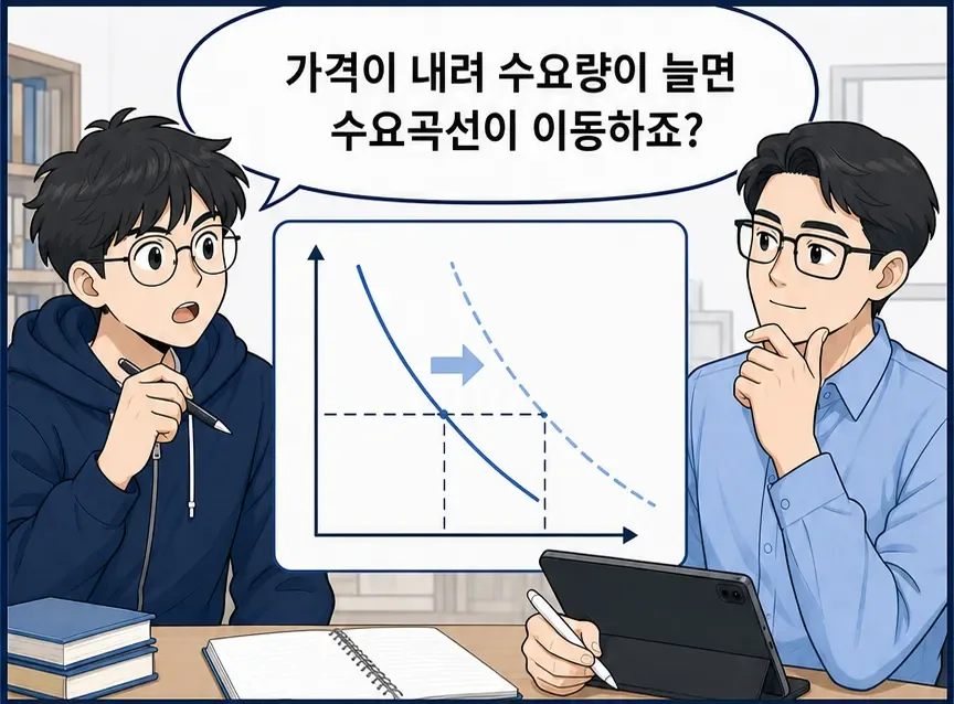 첫째 컷 — 학생: 가격이 내려 수요량이 늘면 수요곡선이 이동하죠?