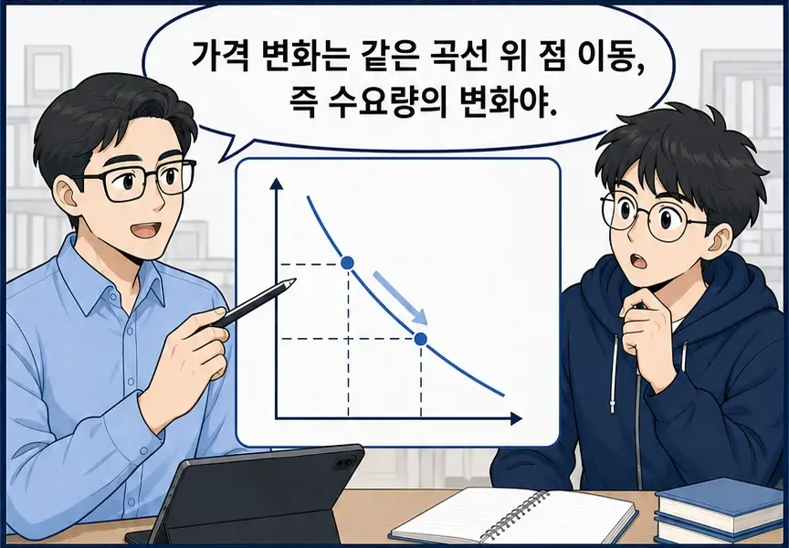 둘째 컷 — 코치: 가격 변화는 같은 곡선 위 점 이동, 즉 수요량의 변화야.