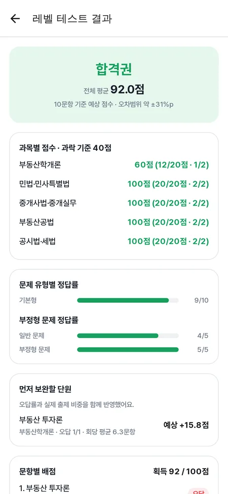 레벨 테스트 결과 화면 — 합격권 92점, 과목별 점수와 문제 유형별 정답률